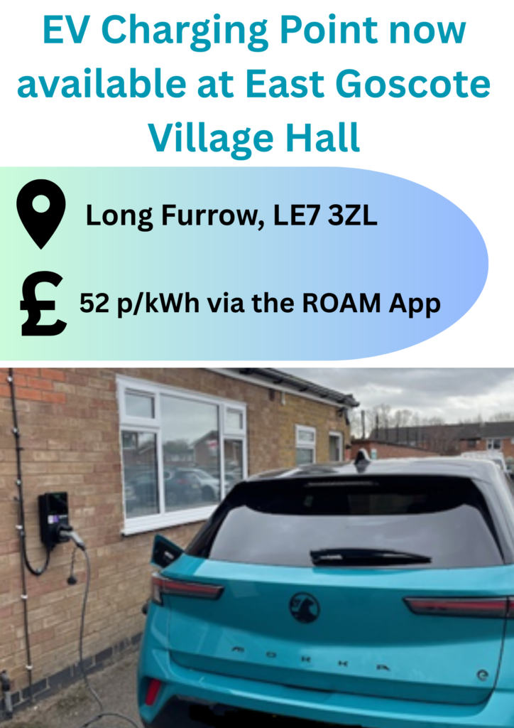 EV charger available at East Goscote Village Hall, 52p/kWh via the ROAM App